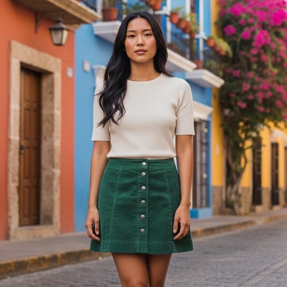 Madewell Skirt Women 2 Y2K Green Button-Front A-Line Corduroy Mini Boho 90s - Picture 3 of 13